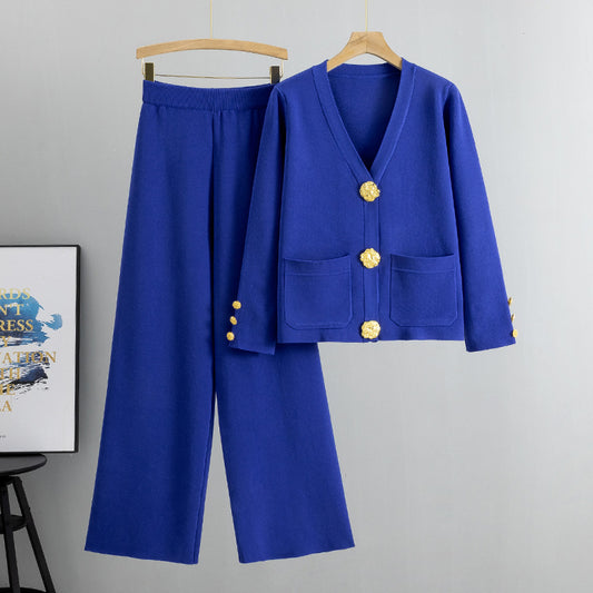 Knitted Cardigan Sweater Two Piece Set - Blue