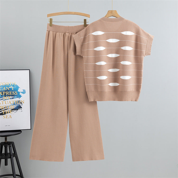 Khaki – Casual Striped Short-Sleeve Two Piece Set