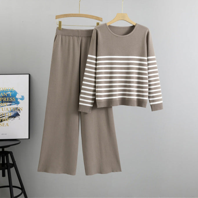 Camel - Trendy Striped Knitted Two Piece Set