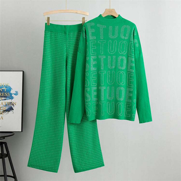 Green - Rhinestone Letter Casual Two Piece Set