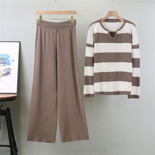 Camel - Striped Knit Top & Pants Set