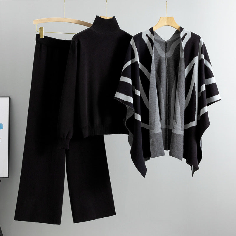 Black – Knit Sweater Shawl Three Piece Set.