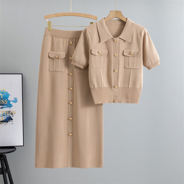 Khaki - Short-Sleeve Knitted Cardigan Two Piece Set
