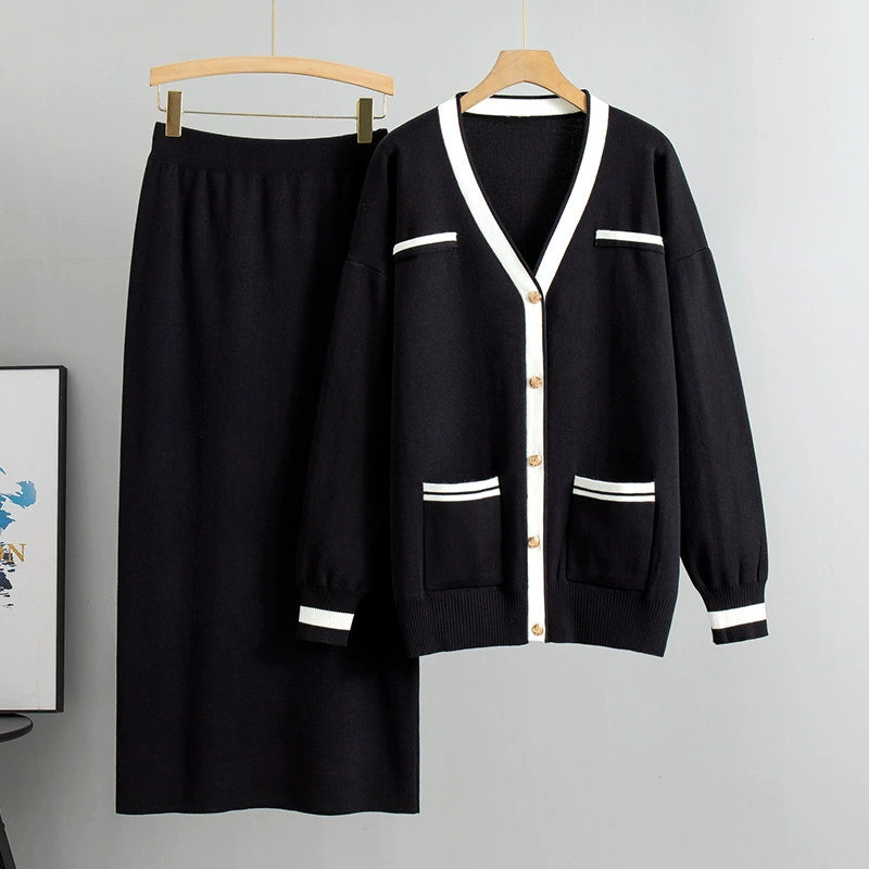 Black - Loose Sweater & Midi Skirt Two Piece Set