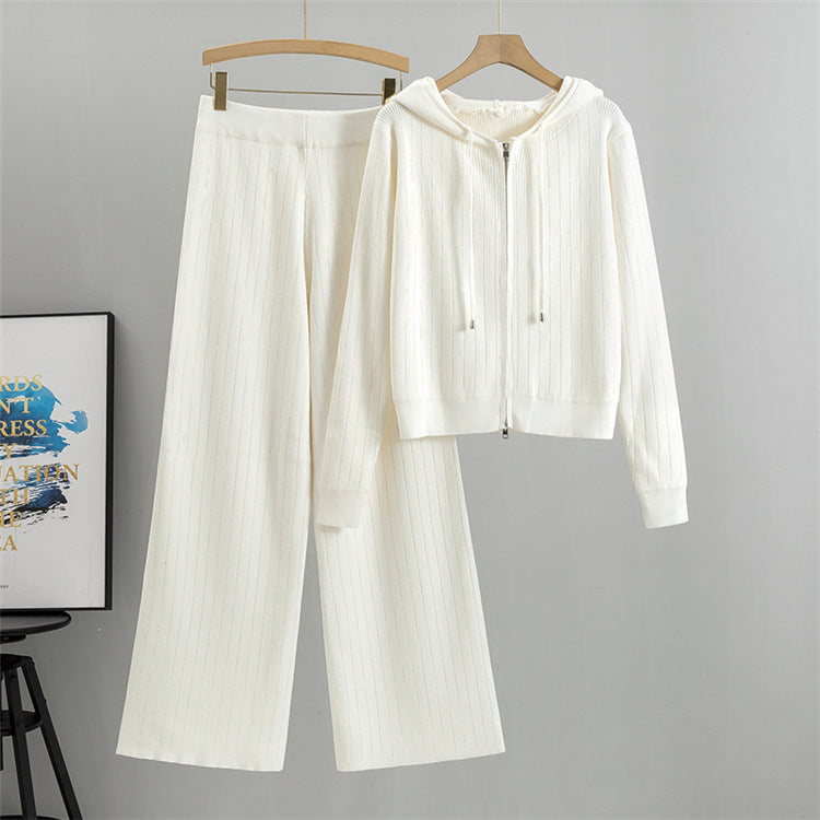 White - Loose Rhinestone Cardigan Two Piece Set