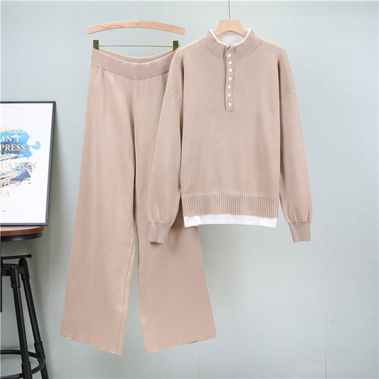 Khaki - Fashionable Loose Tweed-Style Two Piece Set