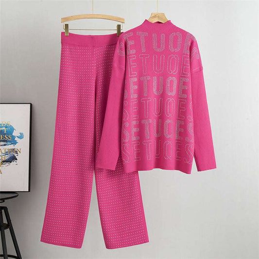 Rose Red - Rhinestone Letter Casual Two Piece Set