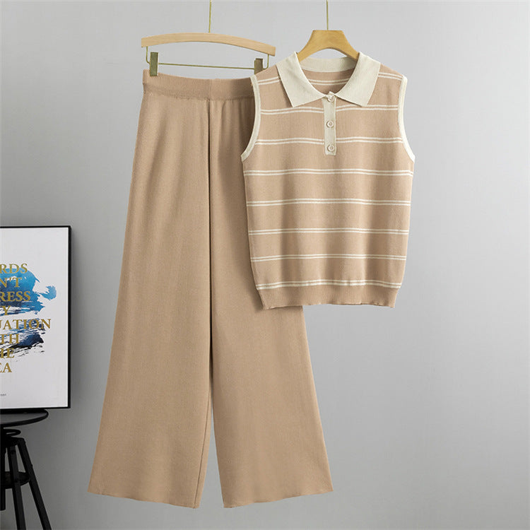 Khaki - Lapelless Knitted Sleeveless Vest Two Piece Set