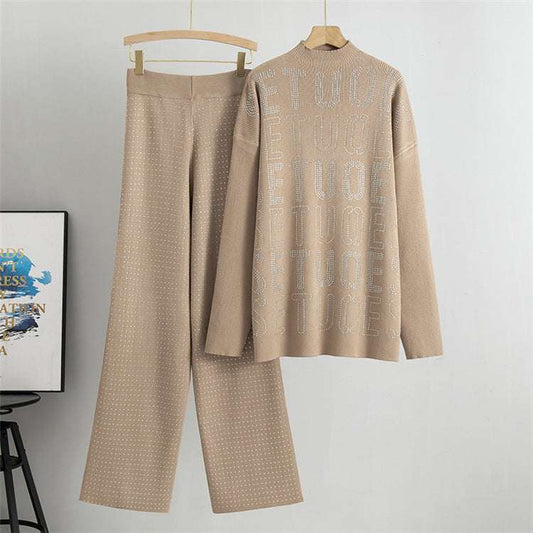 Khaki - Rhinestone Letter Casual Two Piece Set