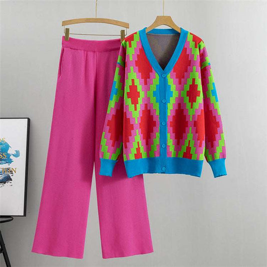 Red - Knitted Cardigan Jacket Two Piece Set