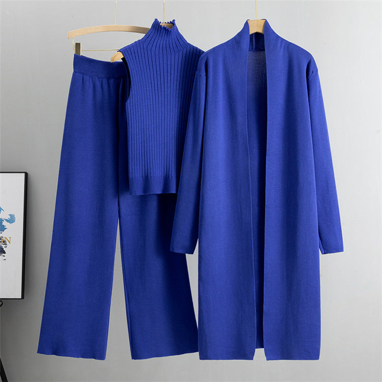 Blue Elegant Knit Vest Three Piece Set.