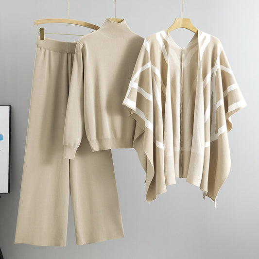 Apricot – Knit Sweater Shawl Three Piece Set.
