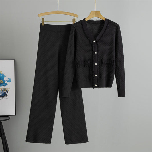 Black – Solid Color Slim-Fit Knit Two Piece Set