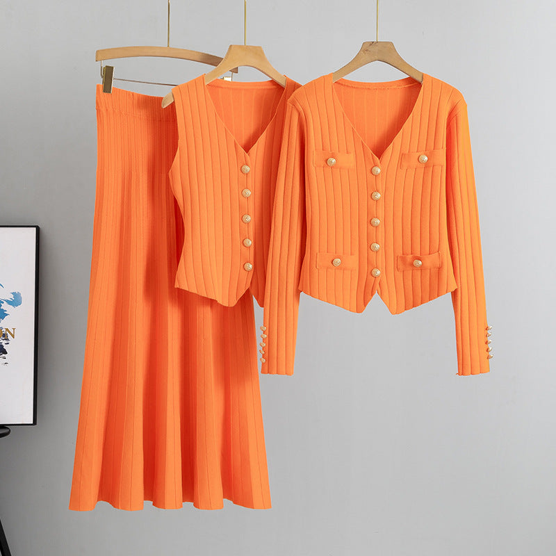 Orange – Knit Cardigan Vest Three Piece Set.