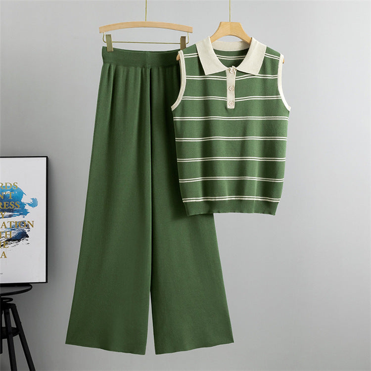 Green - Lapelless Knitted Sleeveless Vest Two Piece Set