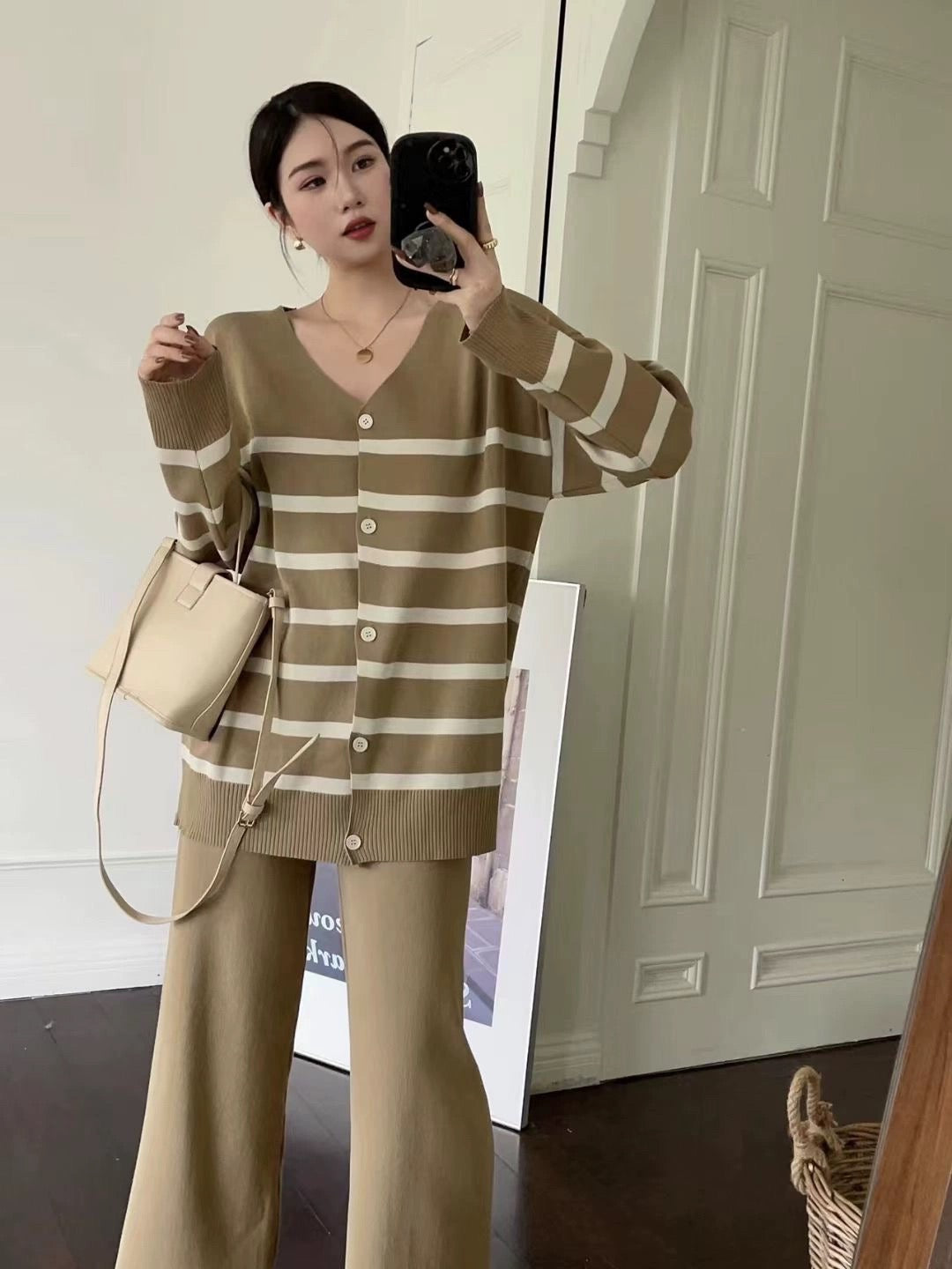 Khaki - Trendy Casual Wide-Leg Two Piece Set