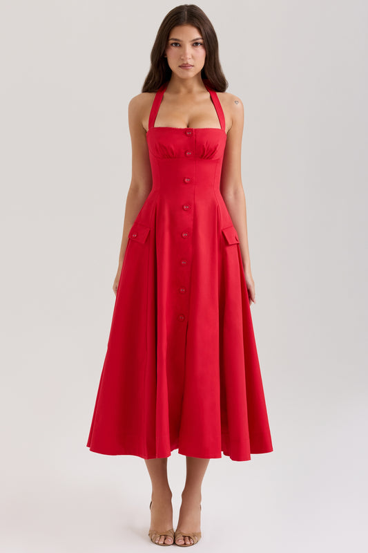 Red - Backless Halter Slim Fit Dress