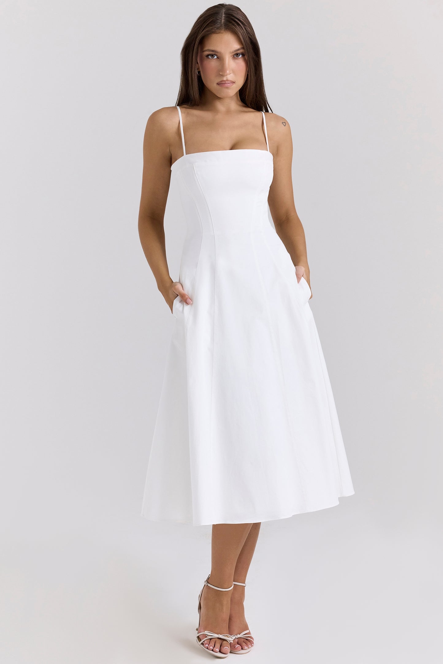 White - Chic Waist-Defined Spaghetti Strap Maxi Flare Dress