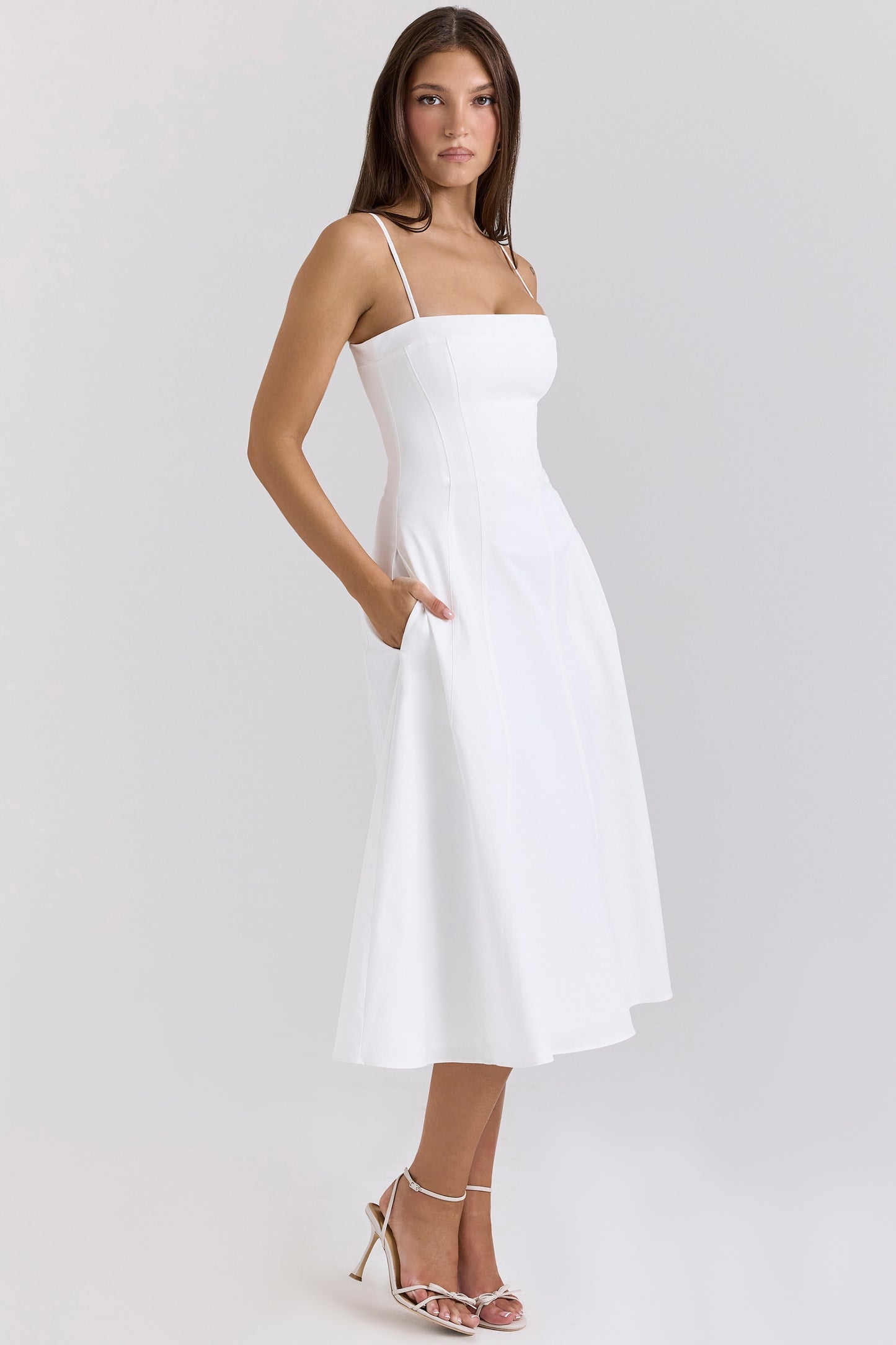 White - Chic Waist-Defined Spaghetti Strap Maxi Flare Dress