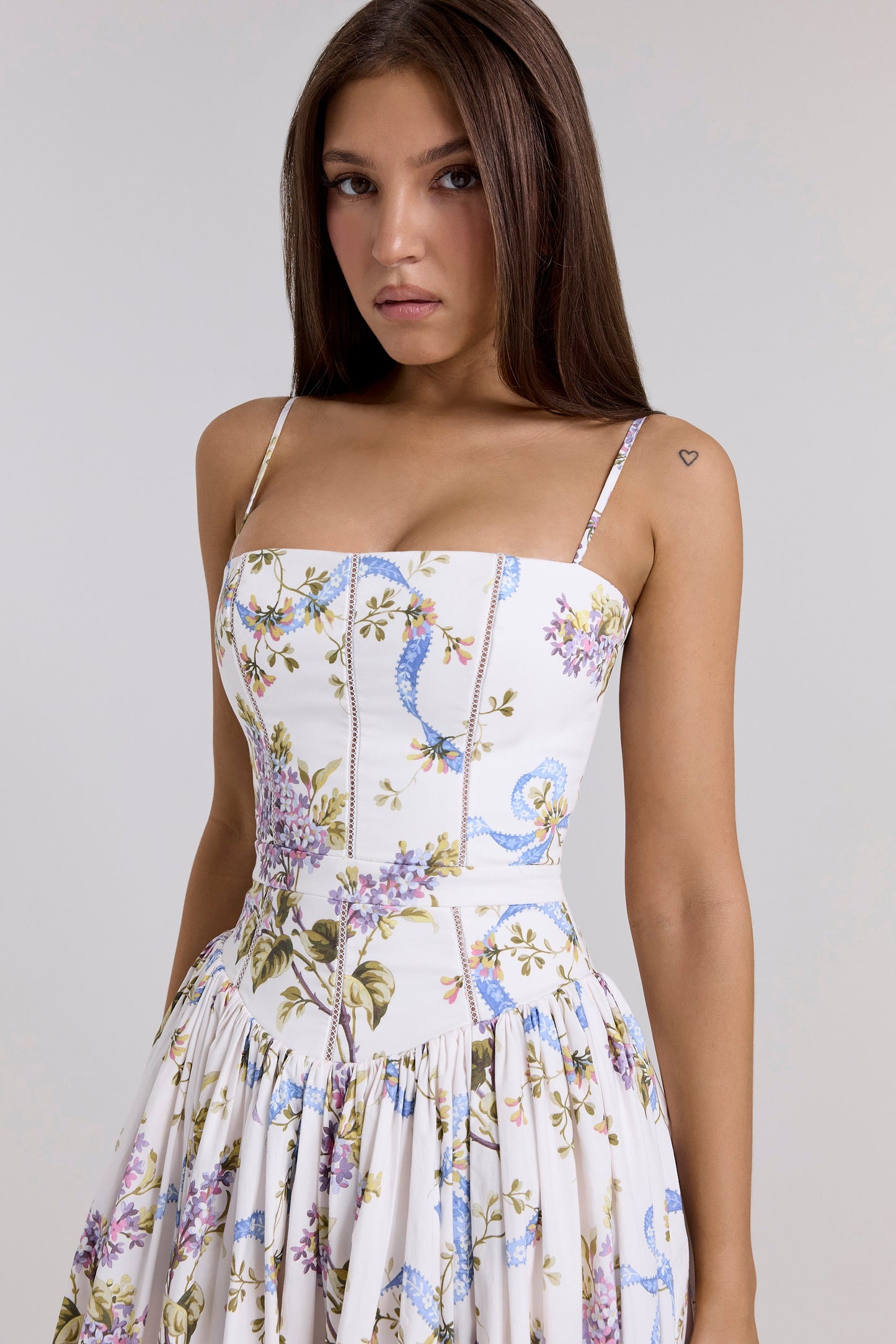 White – Floral Strapless Waist-Cinched Dress
