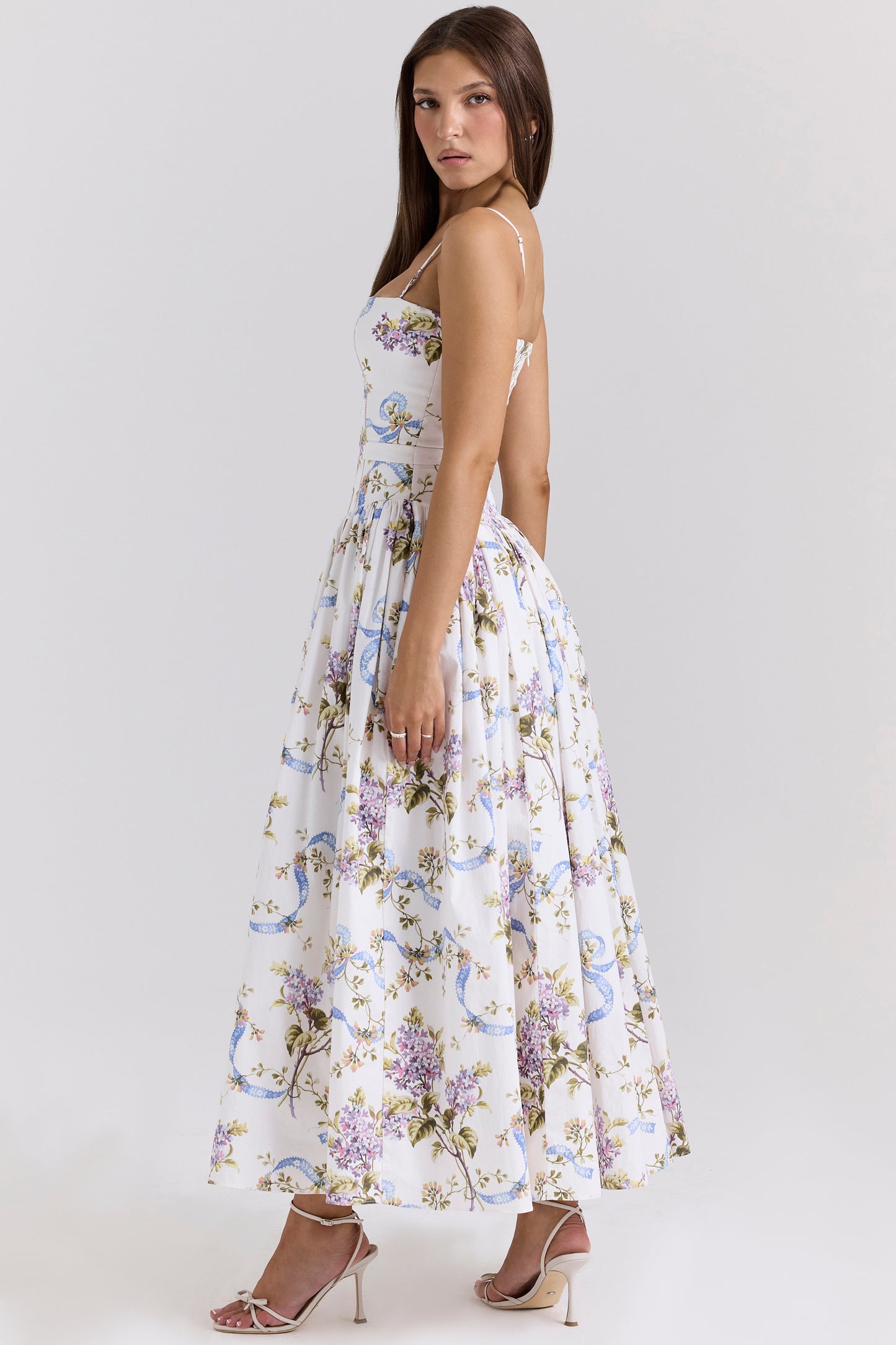 White – Floral Strapless Waist-Cinched Dress