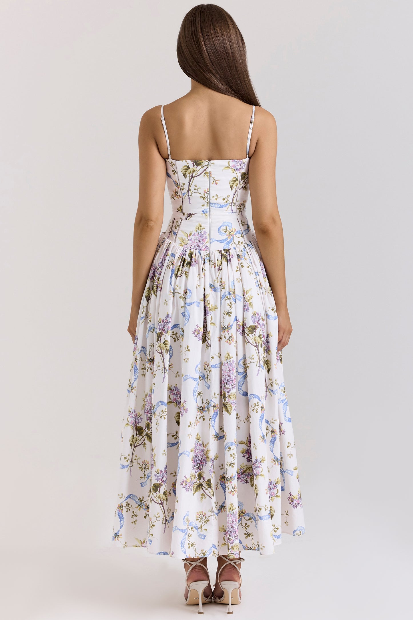 White – Floral Strapless Waist-Cinched Dress