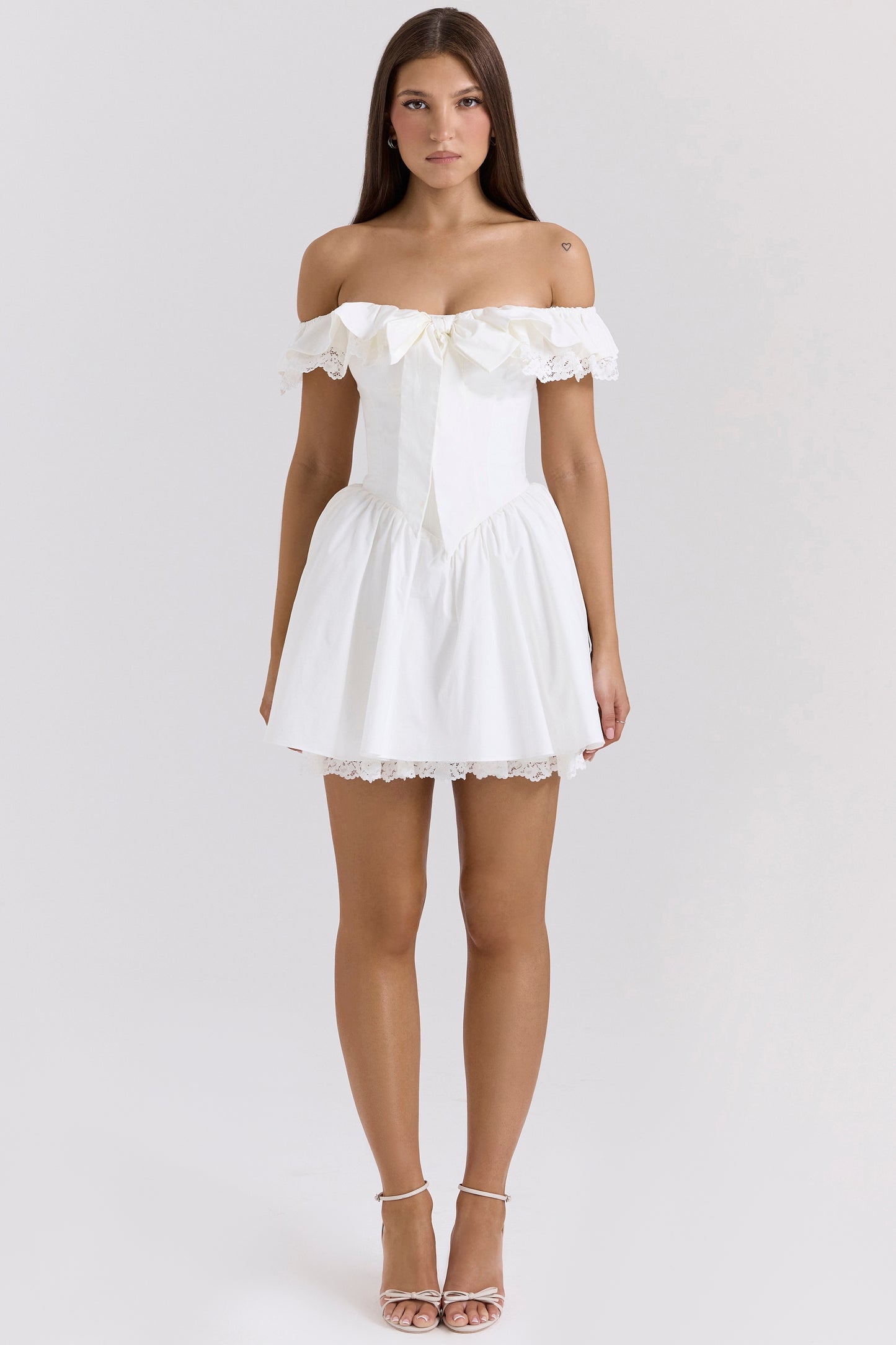 White – Lace Waist-Cinched Off-Shoulder Princess Dress