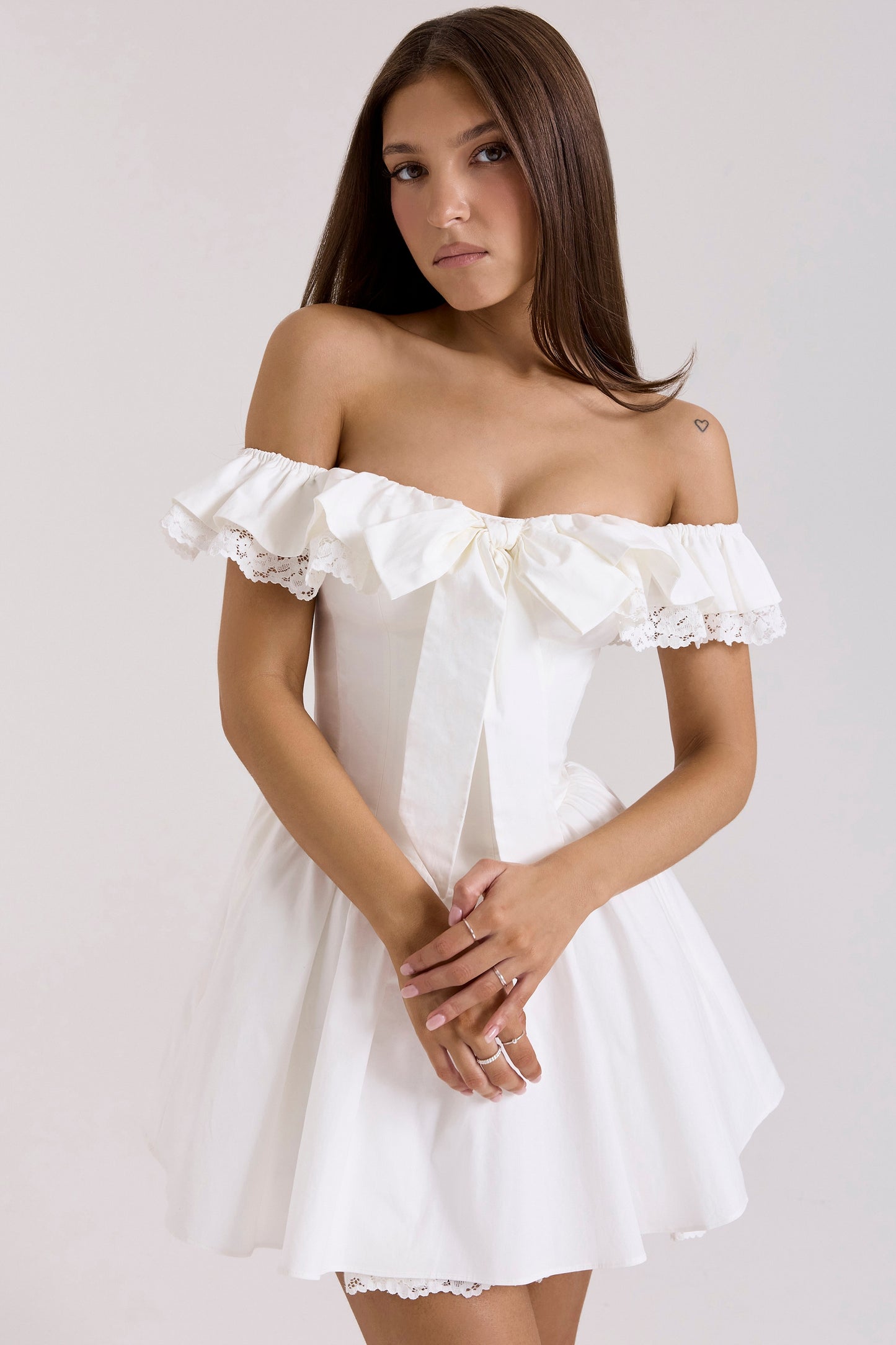 White – Lace Waist-Cinched Off-Shoulder Princess Dress