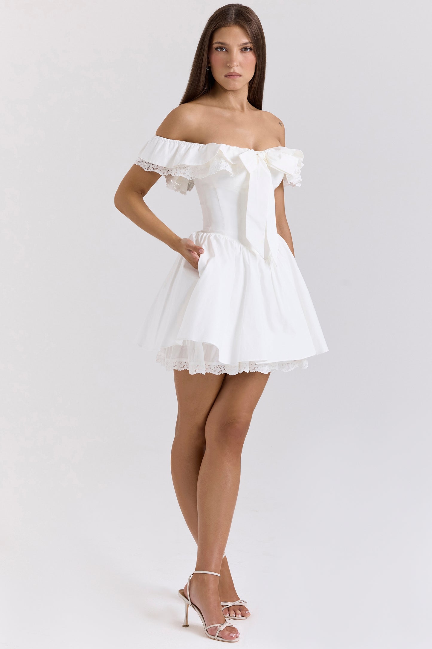White – Lace Waist-Cinched Off-Shoulder Princess Dress