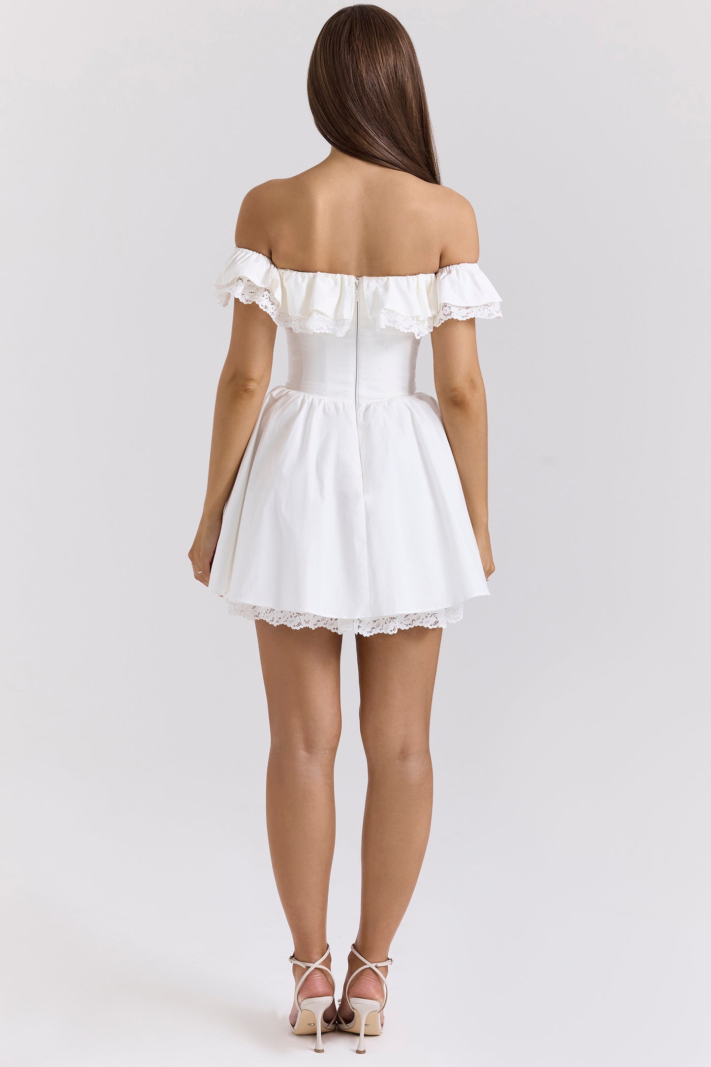 White – Lace Waist-Cinched Off-Shoulder Princess Dress