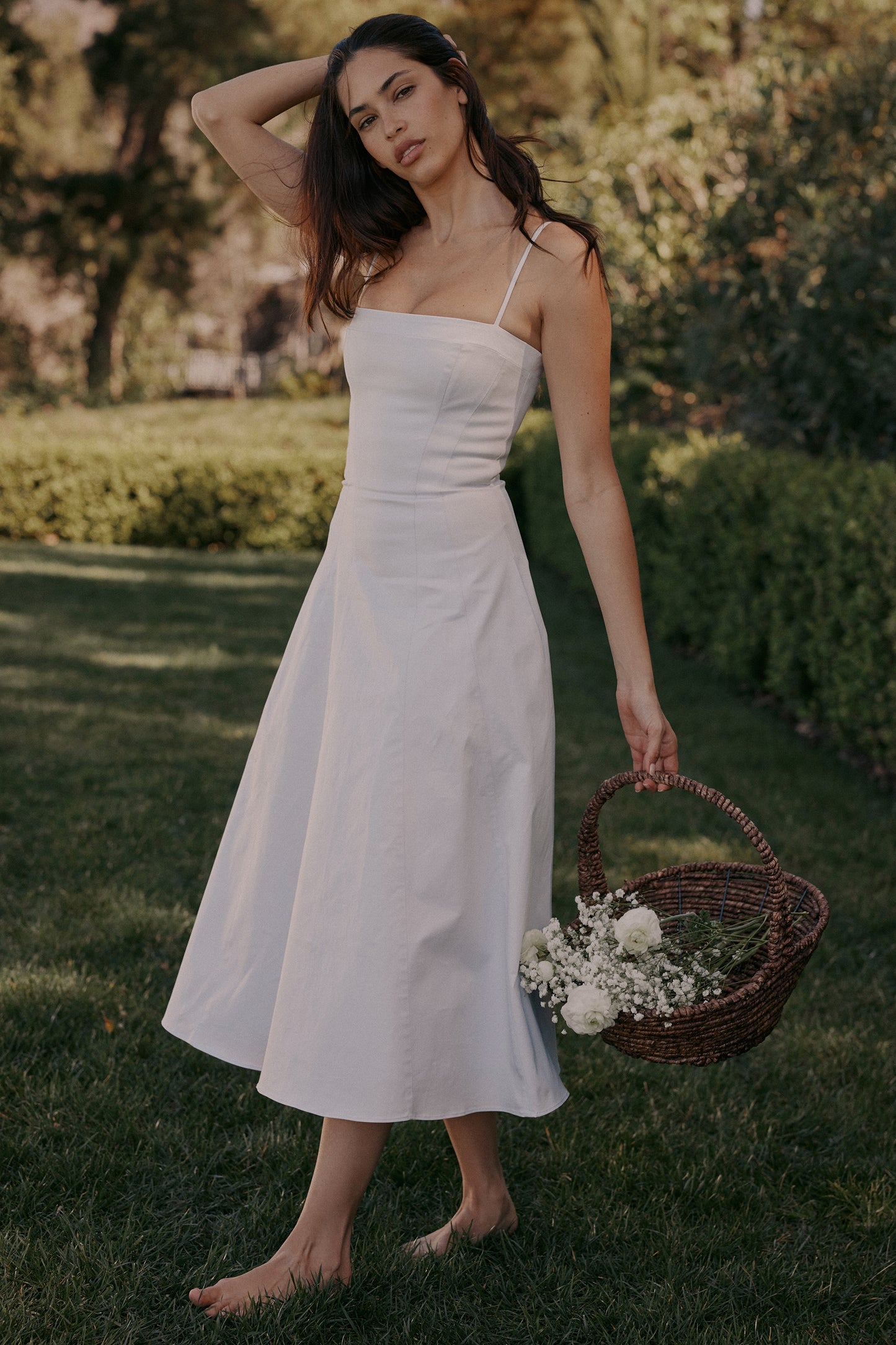 White - Chic Waist-Defined Spaghetti Strap Maxi Flare Dress
