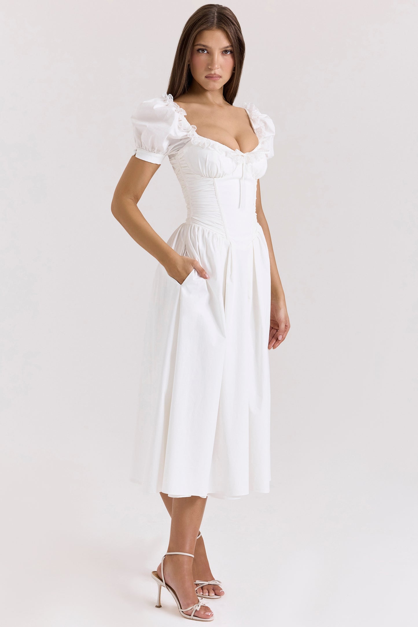 White – Sweet Lace-Panel A-Line Dress