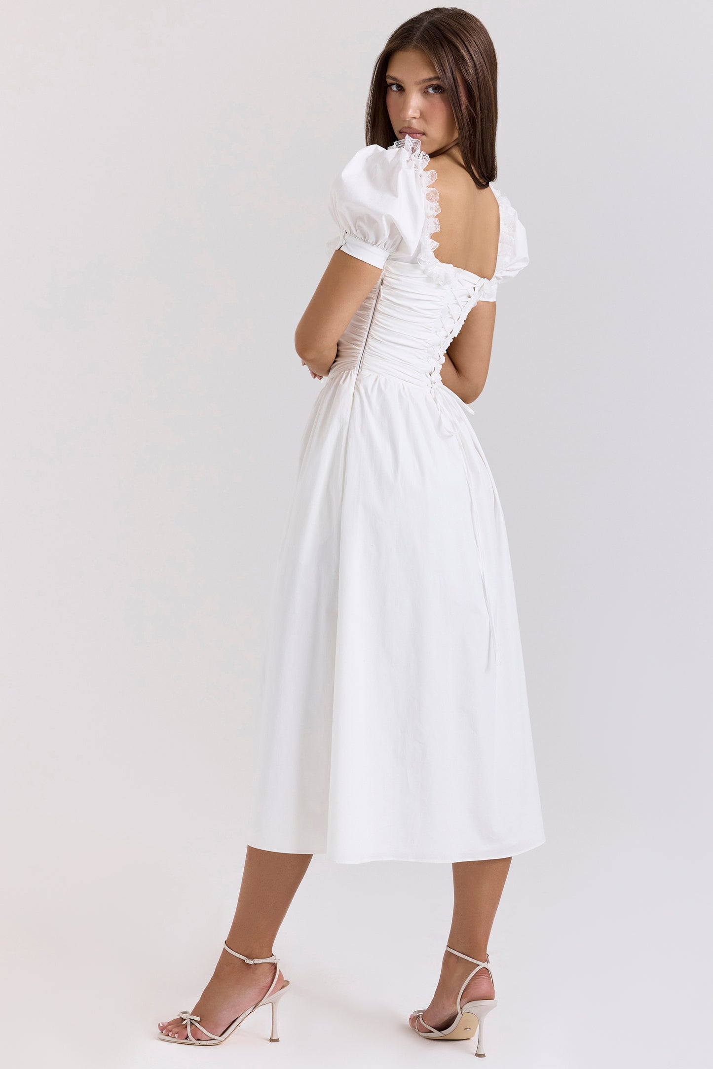 White – Sweet Lace-Panel A-Line Dress