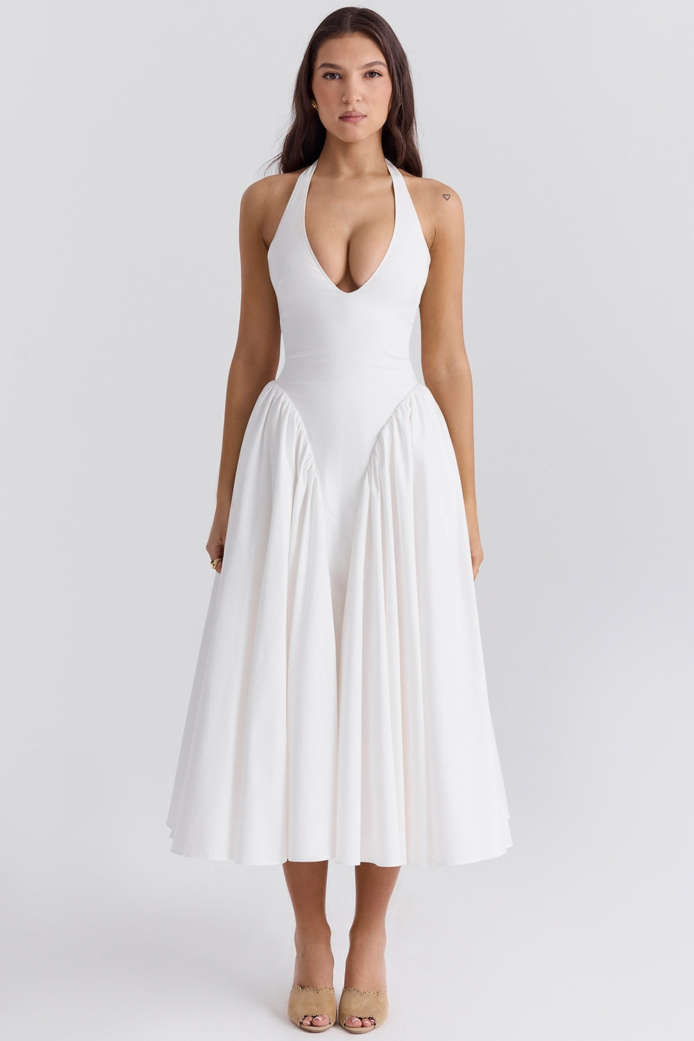 White – Elegant Halter V-Neck Flowy Dress