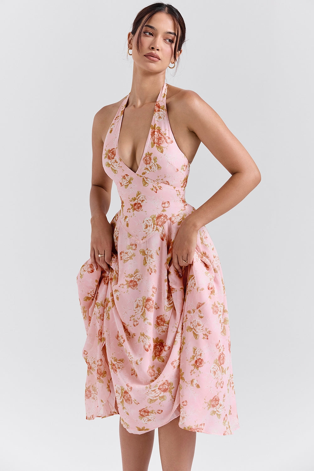 Pink – Romantic Floral Halter Vacation Dress