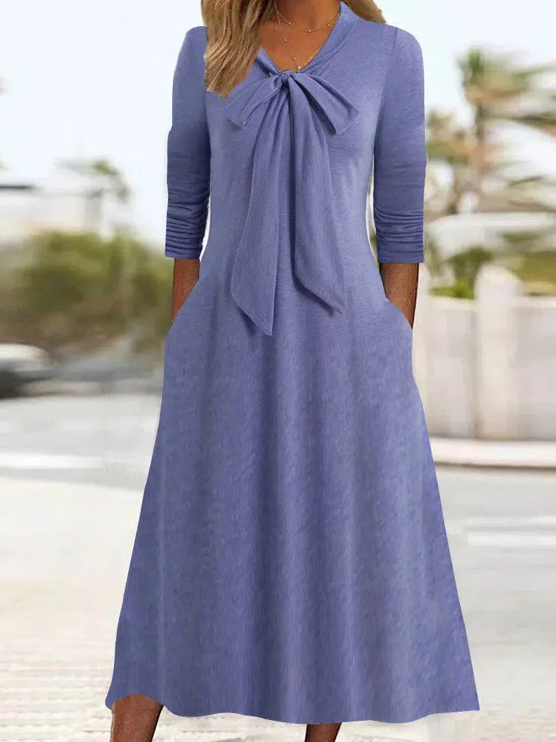 Stunning Purple Plain V-Neck Midi Dress