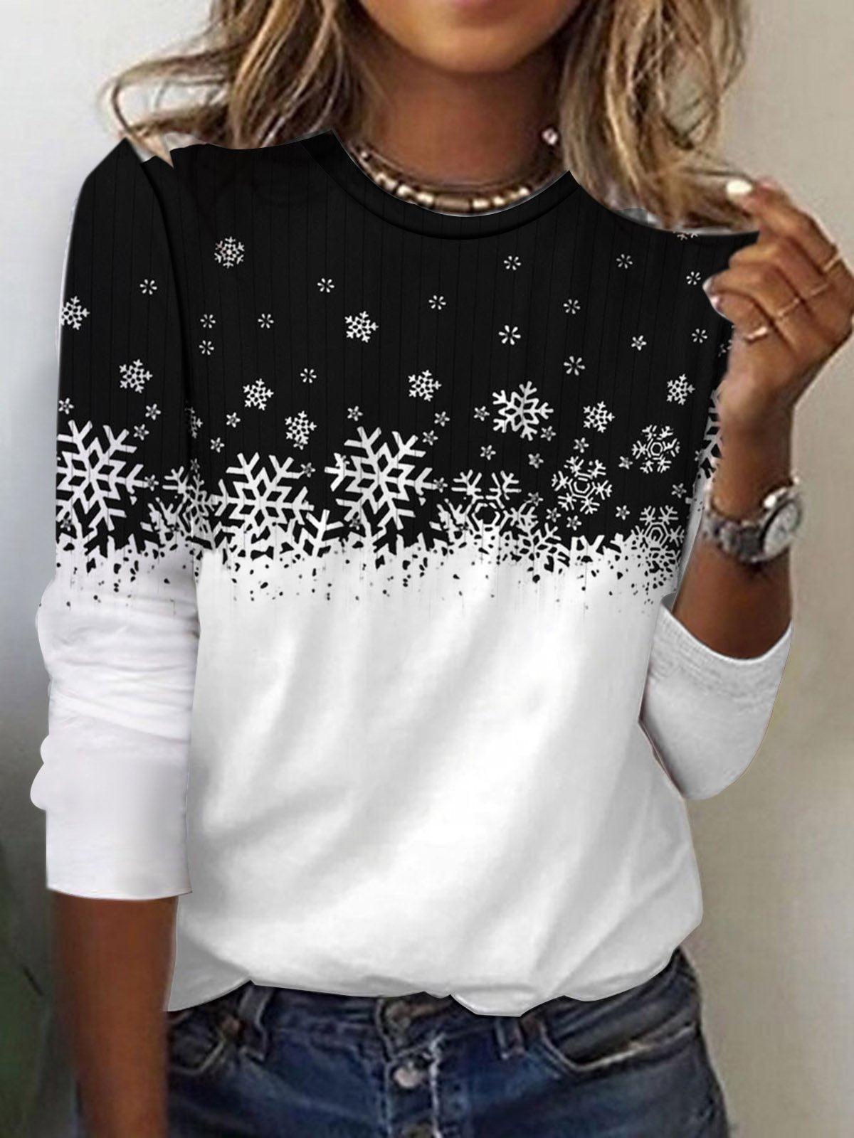 Chic Snowflake Print Round Neck Long Sleeve Top