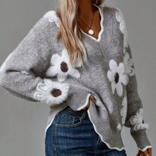 Grey V-Neck Floral Print Sweater