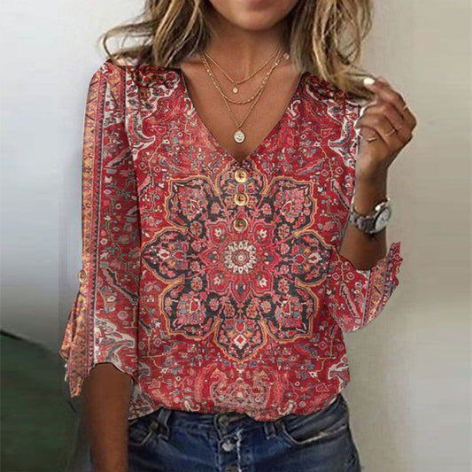 Red Print 3/4 Sleeve V-Neck Top