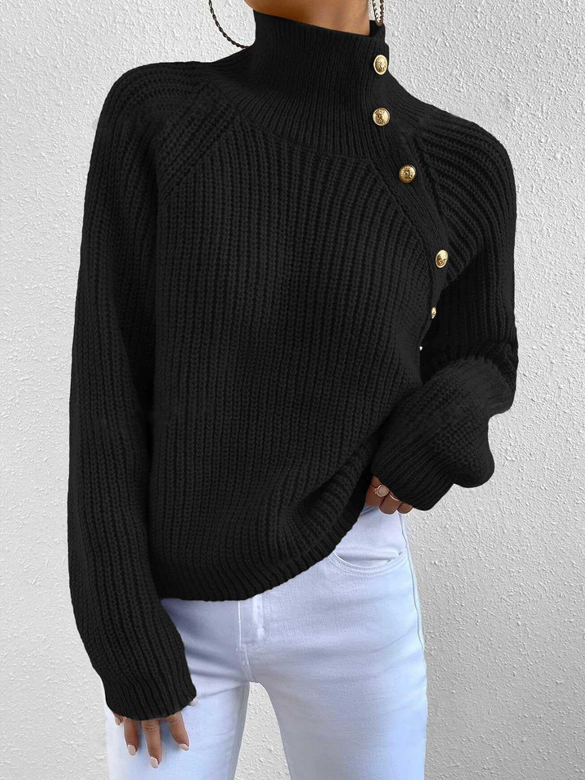 Vintage Black Plain Mock Neck Sweater