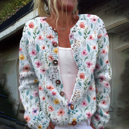 Chic Floral Print Collarless Long Sleeve Cardigan