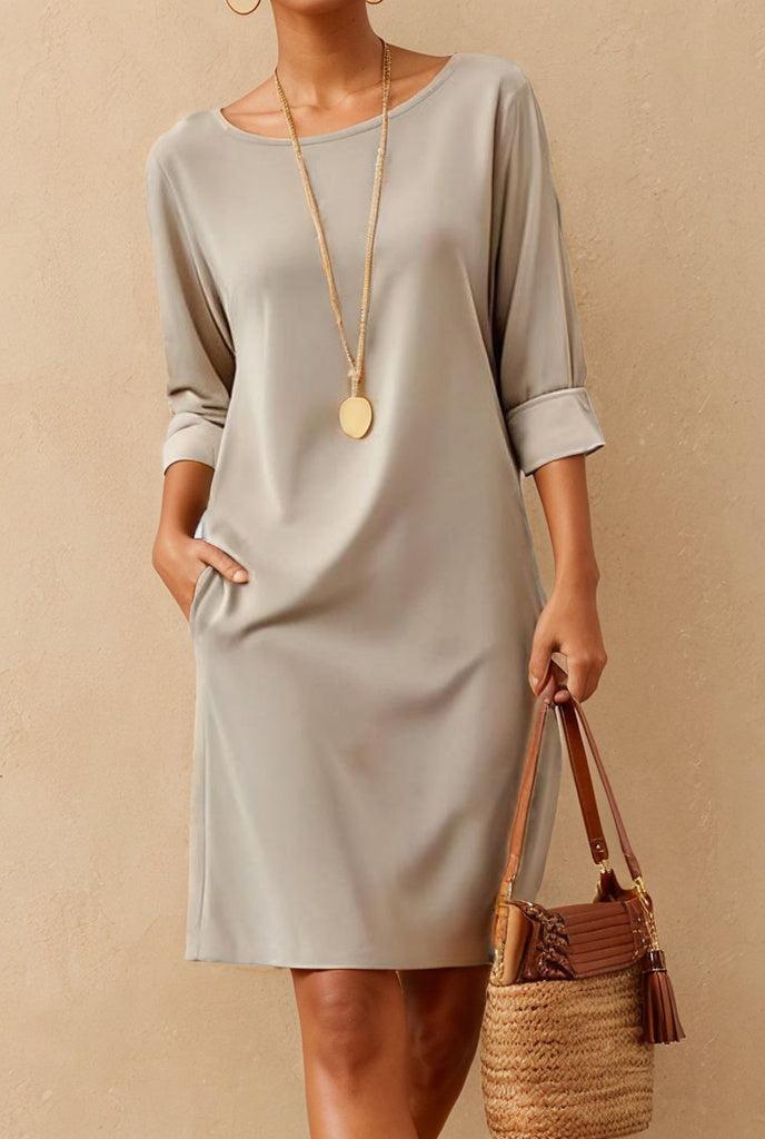 Modern Scoop Neck Plain 3/4 Sleeve Mini Dress