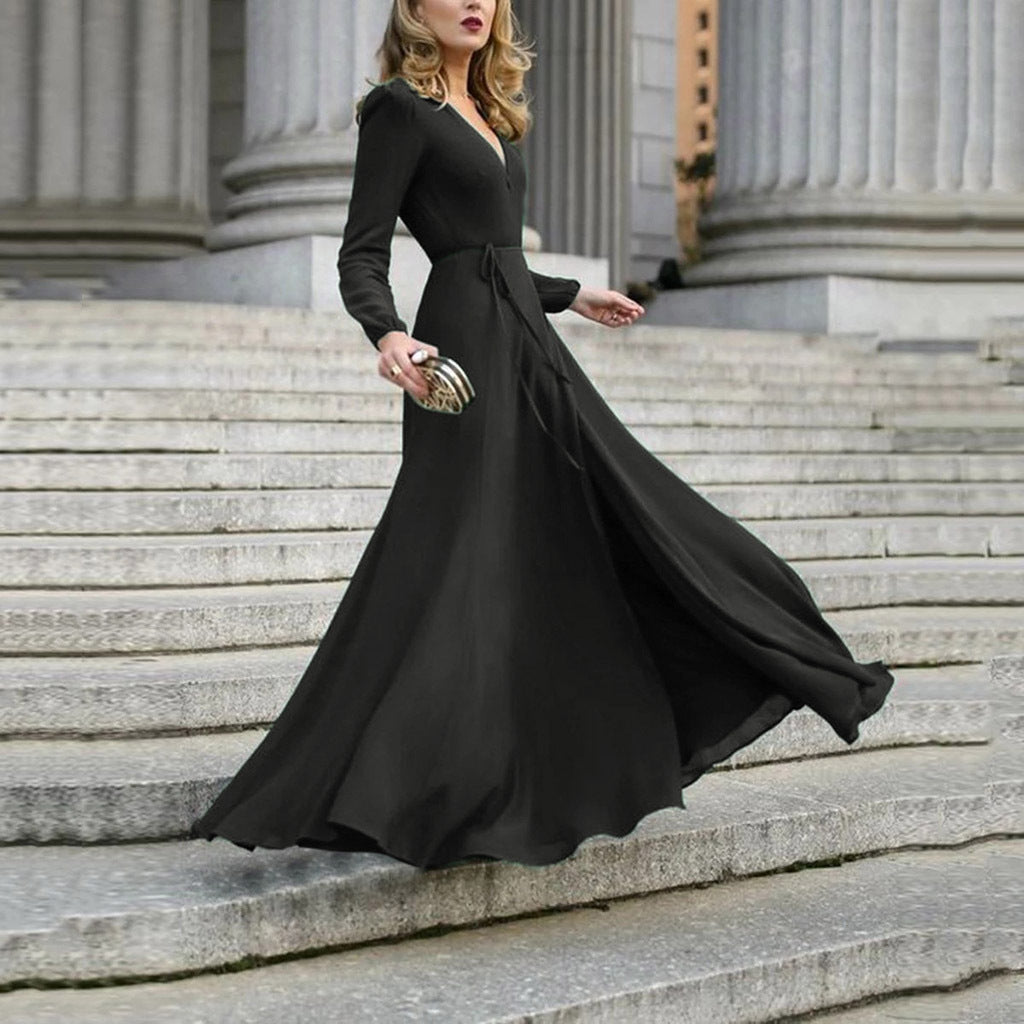 Cool Plain Black V-Neck Maxi Dress