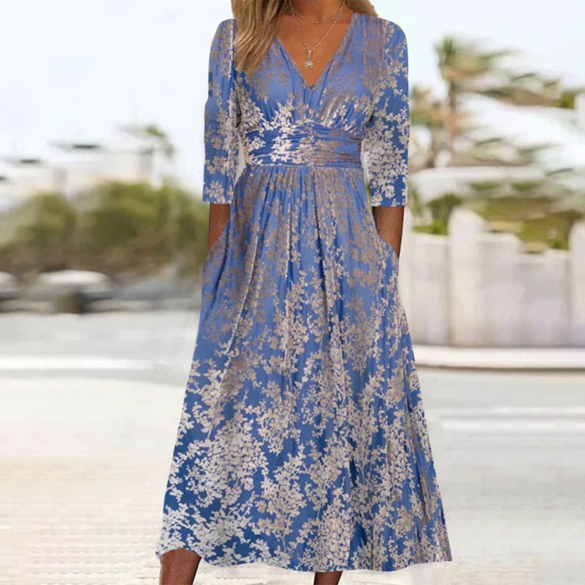 Youthful V-Neck Long Sleeve Midi Dress