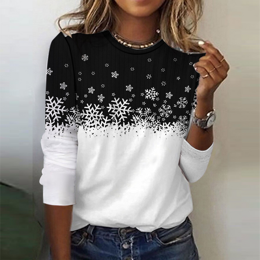 Chic Snowflake Print Round Neck Long Sleeve Top