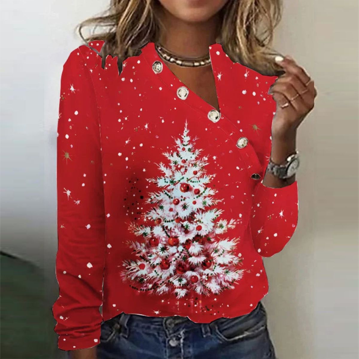 Attractive Red V-Neck Long Sleeve Top