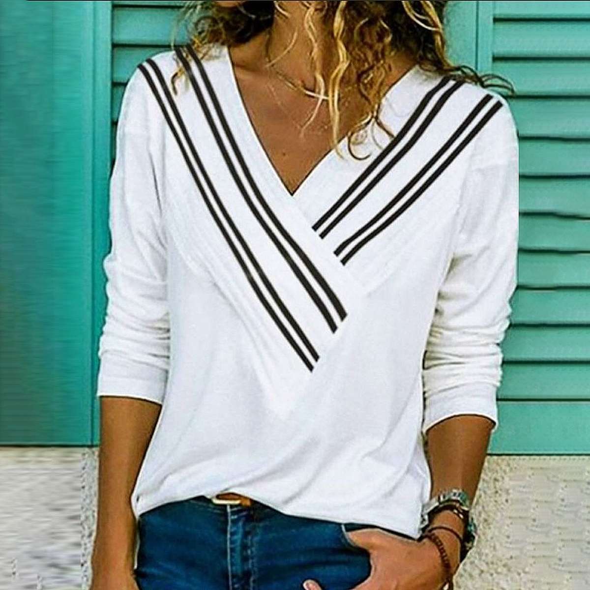 Classy Striped Print V-Neck Top