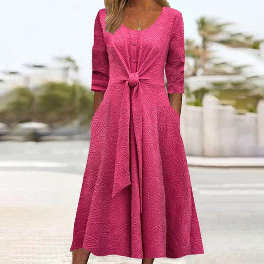 Dreamy Rose Red Plain Long Sleeve Midi Dress