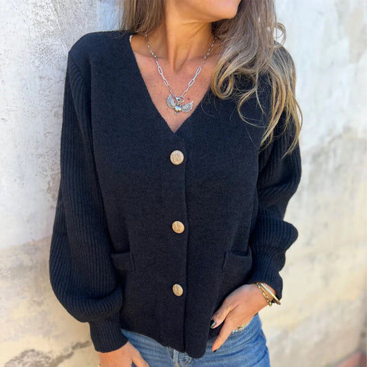 Dark Blue Plain V-Neck Long Sleeve Sweater