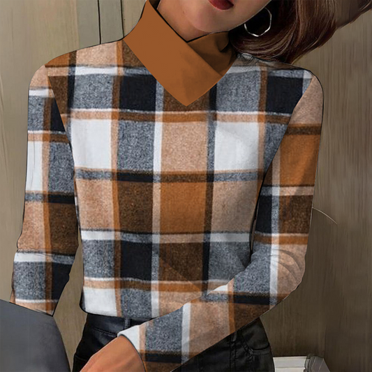 Groovy Plaid Print Mock Neck Top